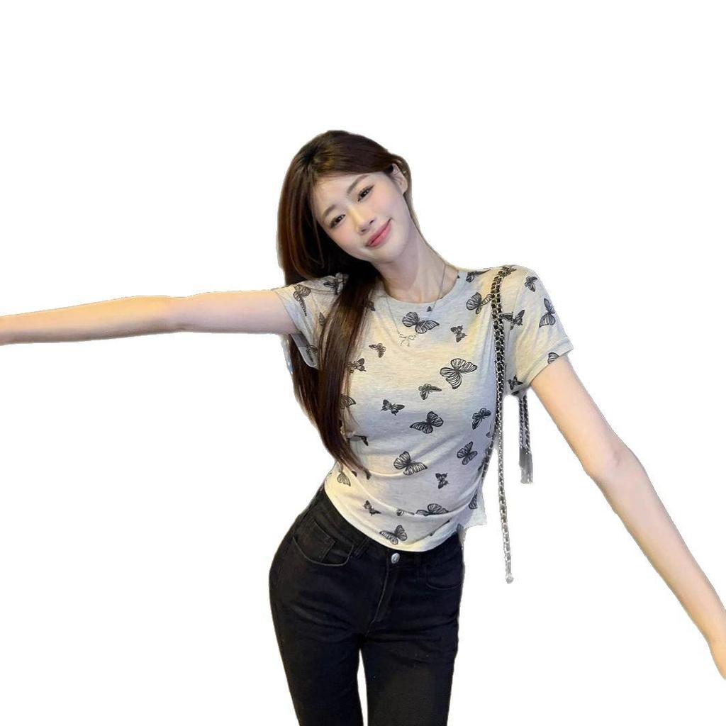 Women's Summer 2025 Butterfly Print Ruched Round Neck Short Sleeve Slim Fit Top