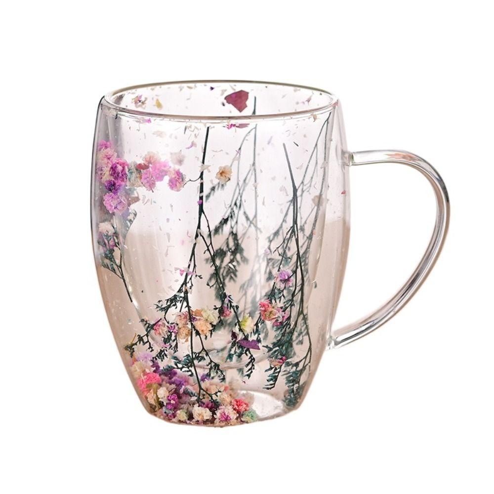 Изолированные стаканы из стекла с двойными стенками Винтажная чайная чашка Подарки на день рождения Прозрачная кружка для кофе с цветочным узором Чай