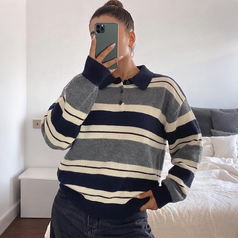 2026 Autumn/Winter Women's Color Block Striped Knit Sweater - Casual, Loose Fit with Lapel