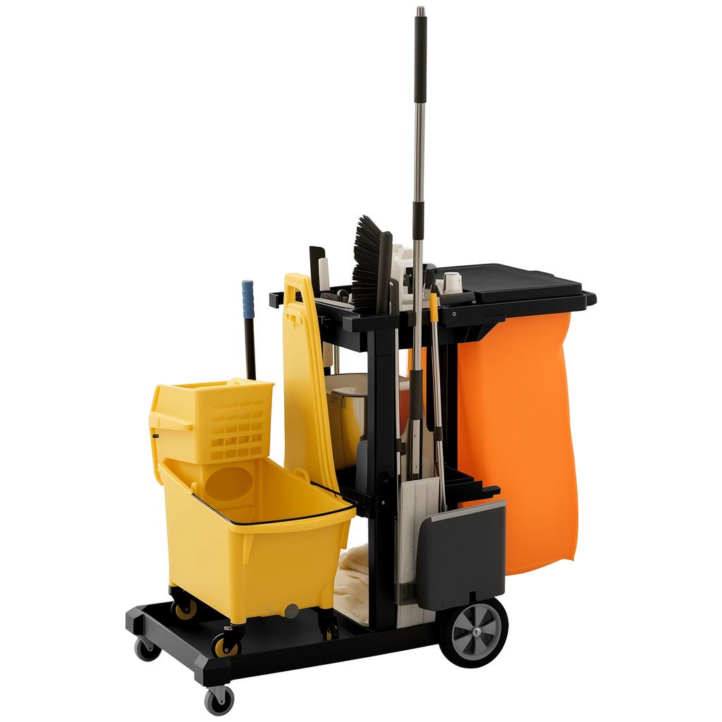 Cleaning Cart Janitorial Cart with 3 Shelf Compartments Mopping Cart with Trash Bag with Cover, Casters for Commercial Use