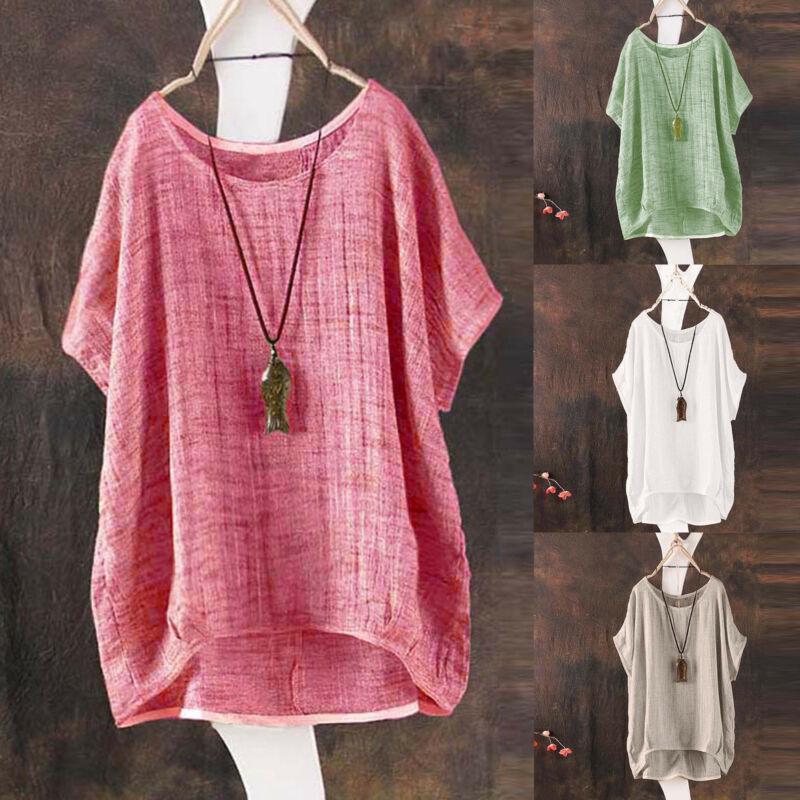 Summer Plain Loose T-Shirt Round Neck Cotton Blend Blouse Plus Size Baggy Tops Tee Shirts