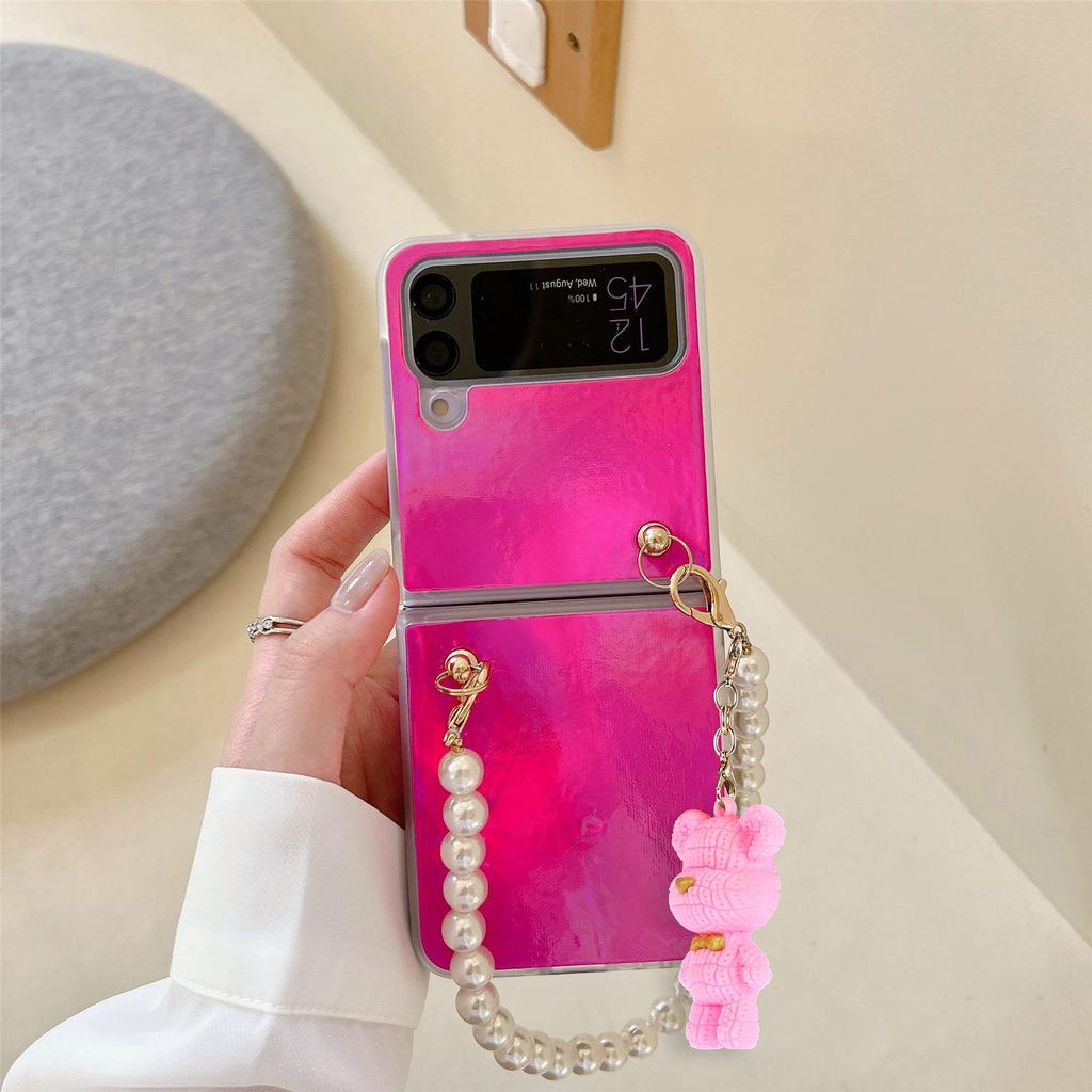 Для Samsung Galaxy Z Flip 4 5g Роскошный цветной чехол Aurora с жемчужной цепочкой и подвеской в виде медведя с лазерным градиентом, блестящий чехол с защитой от падения