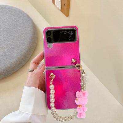 Для Samsung Galaxy Z Flip 4 5g Роскошный цветной чехол Aurora с жемчужной цепочкой и подвеской в ​​виде медведя с лазерным градиентом, блестящий чехол с защитой от падения
