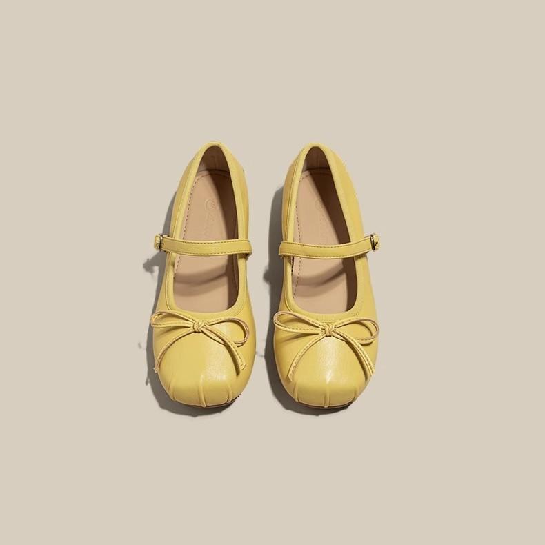 Inner Height Increase Yellow Bow Mary Jane Single Shoes Women's Shoes 2025 Spring and Summer with Skirt Ballet Beanie Shoes