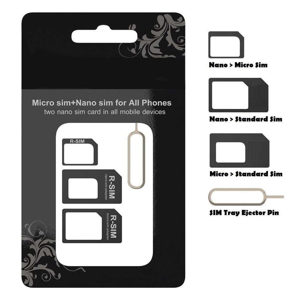 4 in 1 Nano Micro SIM Card Adapter Kit with Steel Tray Eject Pin