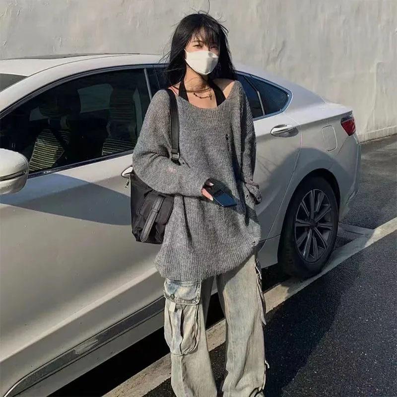 Серый вязаный ажурный свитер с защитой от солнца, женские свободные ветровые топы Y2K, тонкая верхняя одежда, пуловер, готические свитера