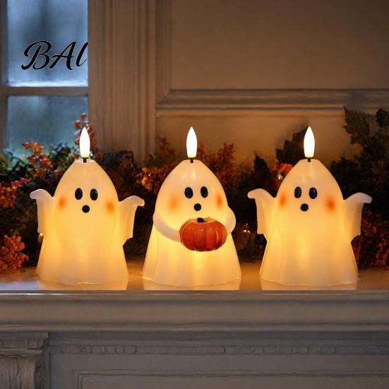 Kid Friendly Halloween Gifts Ghost Flameless Candle, Cute Holding BOO Letter Tealight, Haunted House Party Supplies Battery Operated LED Flickering