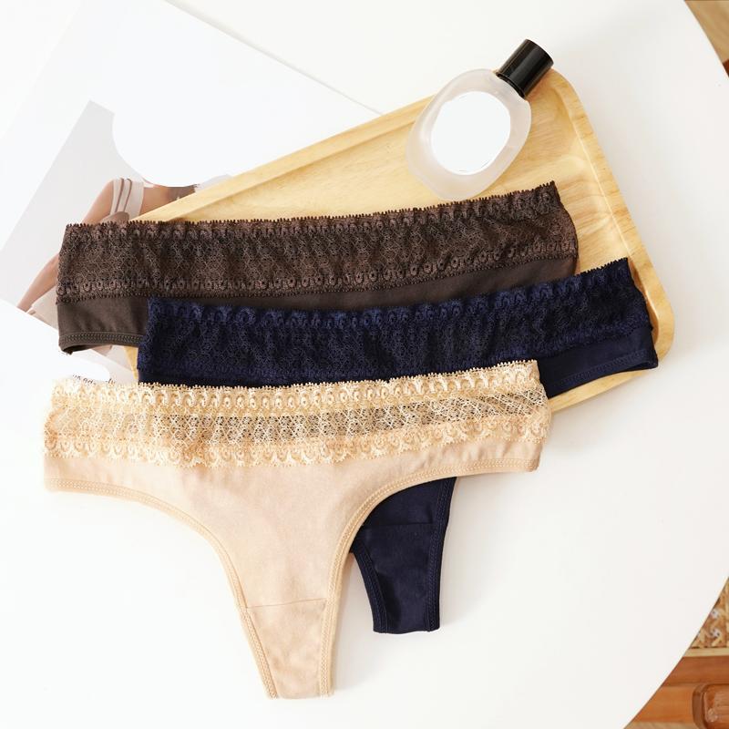 Sexy Women's Cotton Thong Low-Waist Lace Trim G-String Soft Breathable Snug-Fit Panties