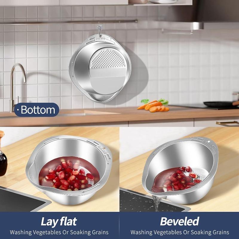 Rust-proof Steel Rice Bowl with Drain Hole Rice Vegetable Washing Basket Fruit Strainer Colander Basket Kitchen Drain Basket