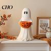 Weather Resistant Garden Sculpture Resin Ghost Statue with Pumpkin Candy Bowl, Cute Figurine, Trick Indoor Outdoor Seasonal Display or Treat