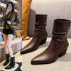 Модные ботильоны с острым носком в стиле вестерн, женские туфли челси на высоком каблуке, тренд 2025 года, зимние короткие плюшевые теплые зимние кожаные ботинки в готическом стиле для женщин
