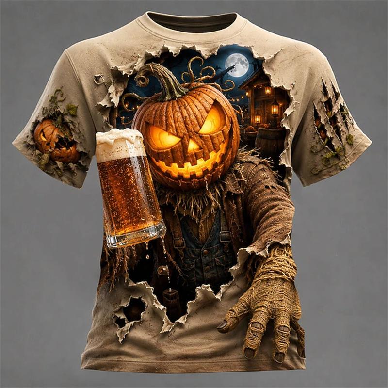 Men's Summer 3D-Printed Round-Neck Short-Sleeve T-Shirt with Tear-Art Pumpkin Scarecrow Beer and Halloween Horror Theme