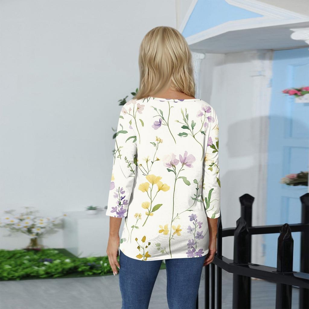 Women's Stand Collar 3/4 Sleeve Printed Top T-shirt