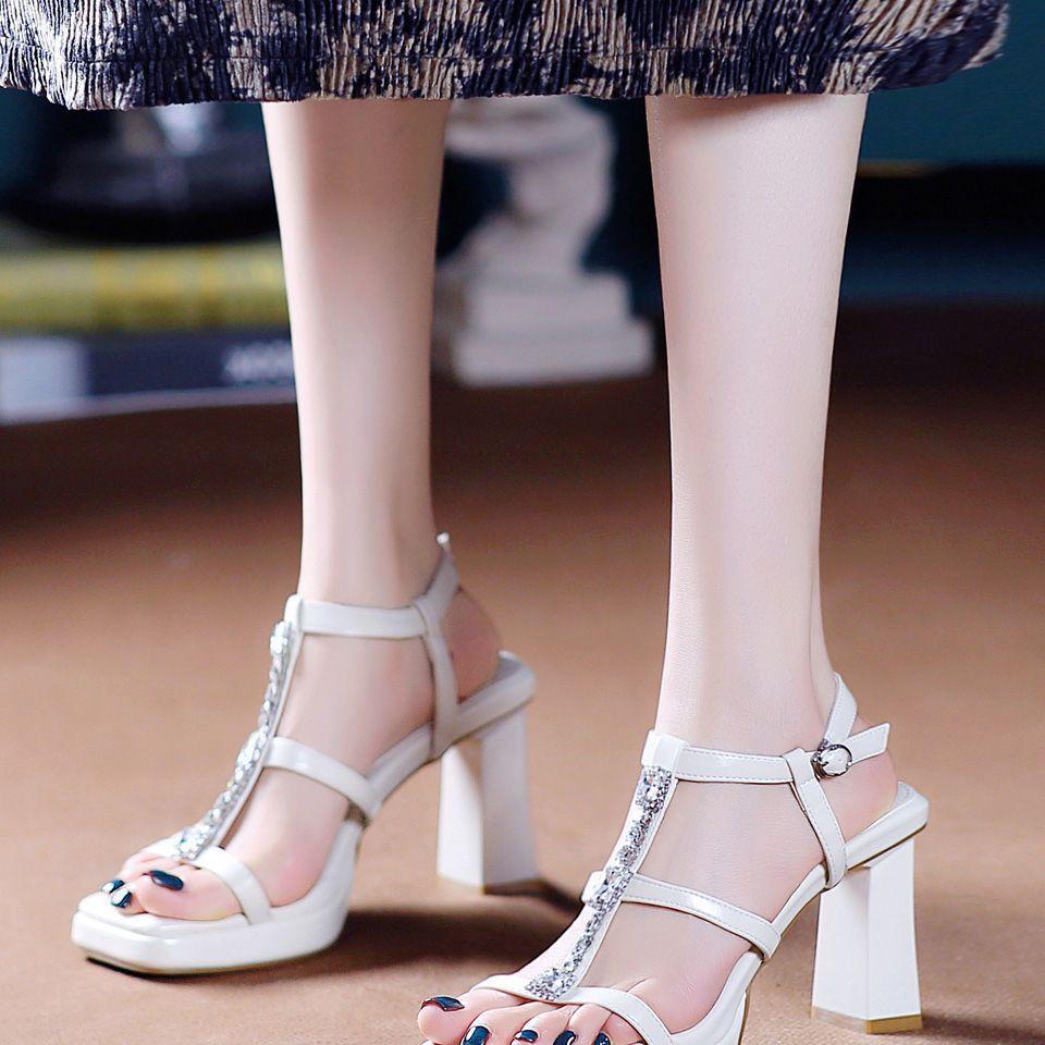 Женские летние модные босоножки на высоком каблуке с квадратной головкой и открытым носком Design Sense Rhinestone