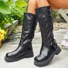 Fashion New Autumn Winter Women's Riding Boots 2025 Fashion Black PU Leather Knee High Boots Woman Buckle Chunky Platform Botas Mujer