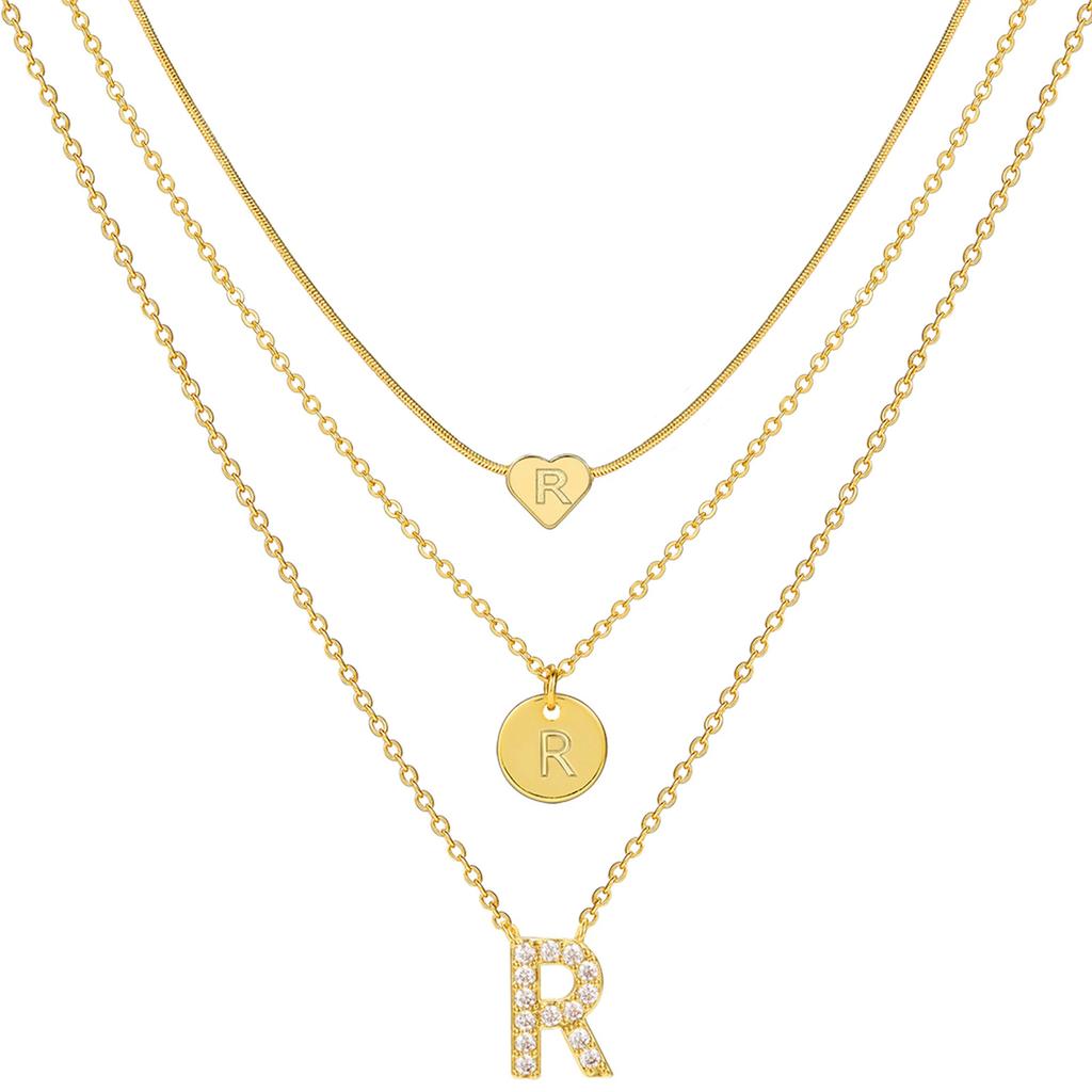 17KM 3 Pcs Plated Heart Initial Necklace Sets for Women Fashion Multilayer Letter Choker Necklaces Copper Metal Jewelry Gift