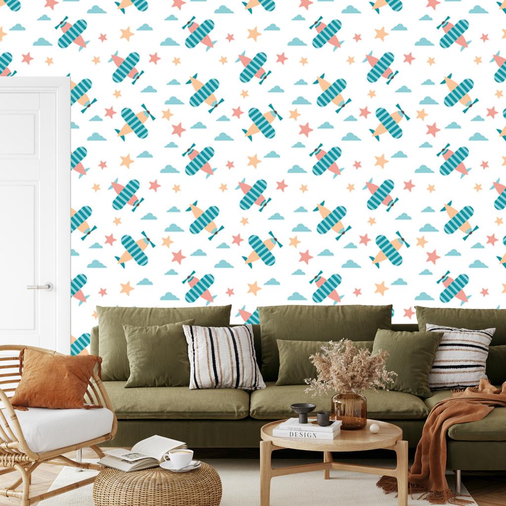 Wallpaper Colorful airplanes and clouds stars for living room and bedroom 50x1000