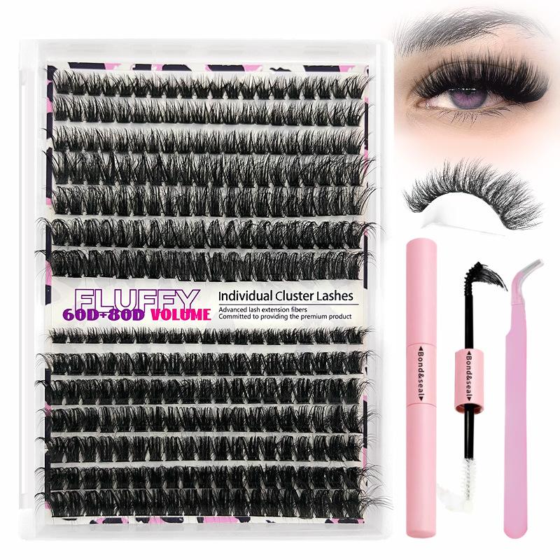 Fluffy Individual Lashes Kit D Curl Cluster Lashes DIY Eyelash Extension Kit 280pcs Thick Volume 60D+80D Lash Clusters Eyelash Extension with Lash