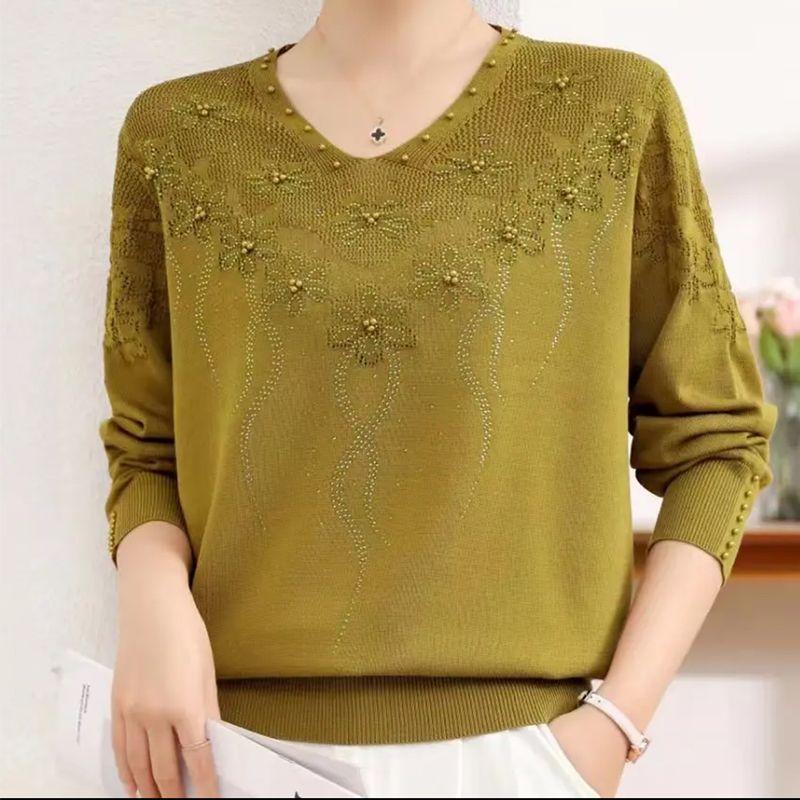 Женский вязаный свитер большого размера, свободный, с бисером, V-образным вырезом, тонкий пуловер, вязаный топ