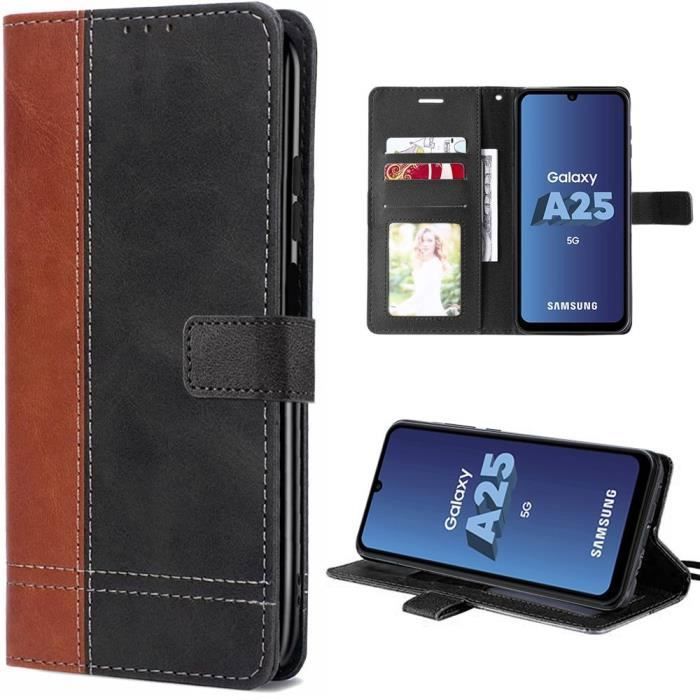 Coque Antichoc pour Samsung Galaxy A25 5G, Coque en Cuir PU avec Poche à Carte et Fonction Support, Bicolore Marron
