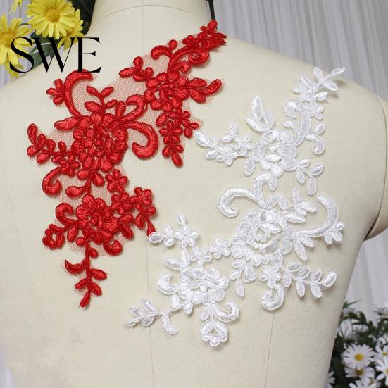 Embroidery Lace Applique 2 Pcs Sewing Flower Fabric Collar Patch Motif Trim for Clothing Wedding Gown Dress Bridal DIY Crafts Daily Wear Tailor Shops
