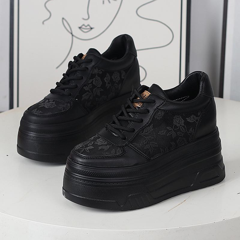 Мода 12 см Воздушная сетка Натуральная кожа Лофер Платформа Тапочки Удобные Массивные Кроссовки Полые Женские Сандалии Вулканизированная Летняя Обувь