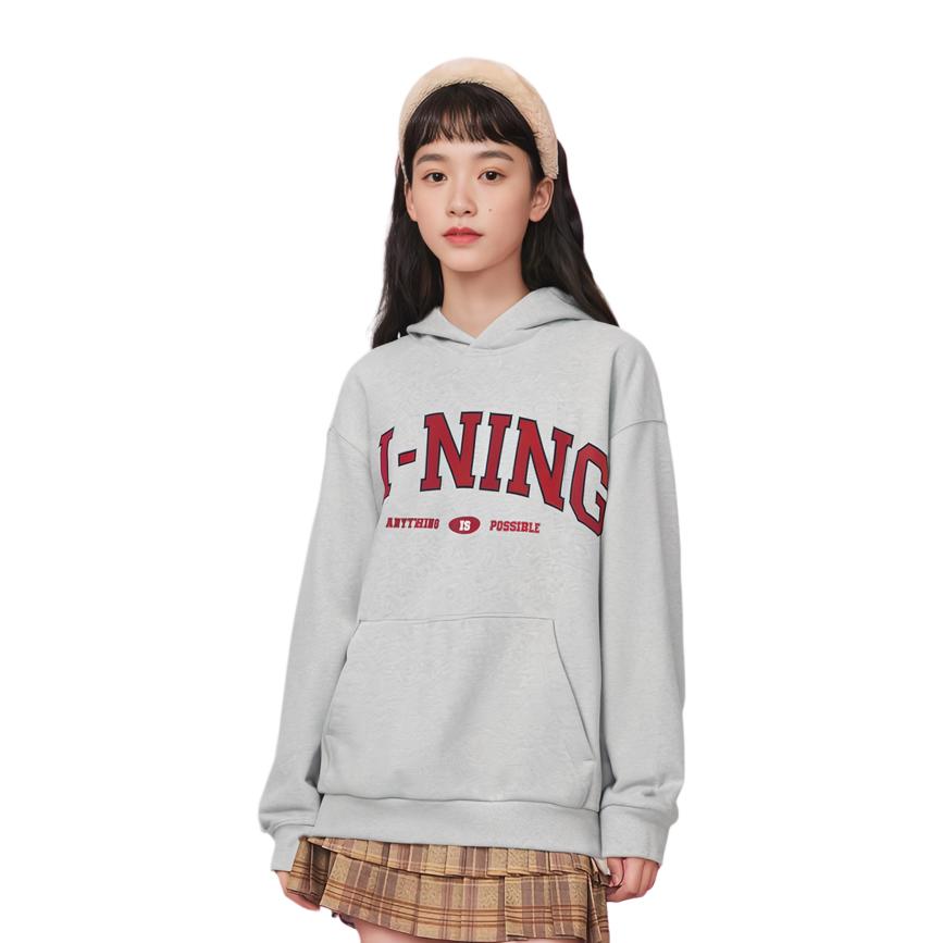 Li Ning Weekend Молодежный американский винтажный свитер с капюшоном и логотипом с принтом в виде буквы унисекс, толстовка светло-серого дымчато-серого цвета AWDU781-1