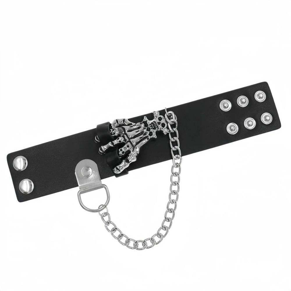 Solid Color PU Leather Bracelet Adjustable Wide Chain Bracelet Dark Style Skull Wristband Unisex