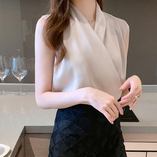 Рубашка с v-образным вырезом без рукавов, однотонный пуловер, топы, свободная атласная блузка с перекрестной оберткой