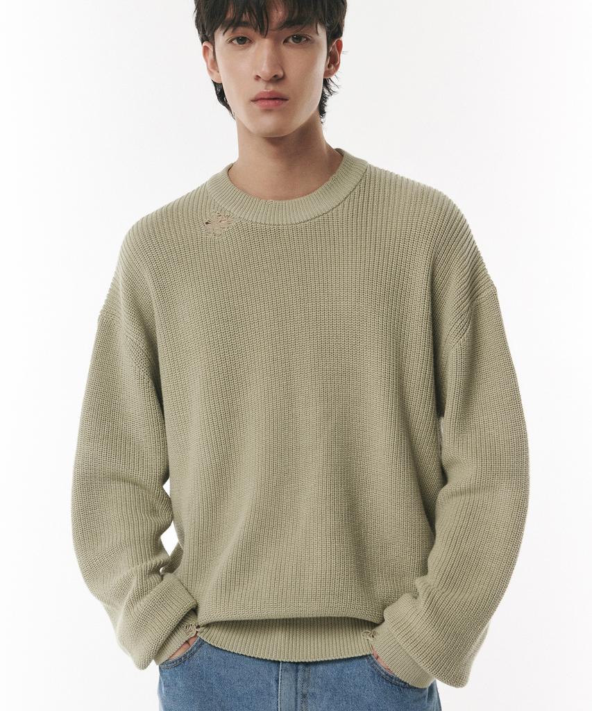 DOFFJASON Leather Patched Damaged Knit L.Green