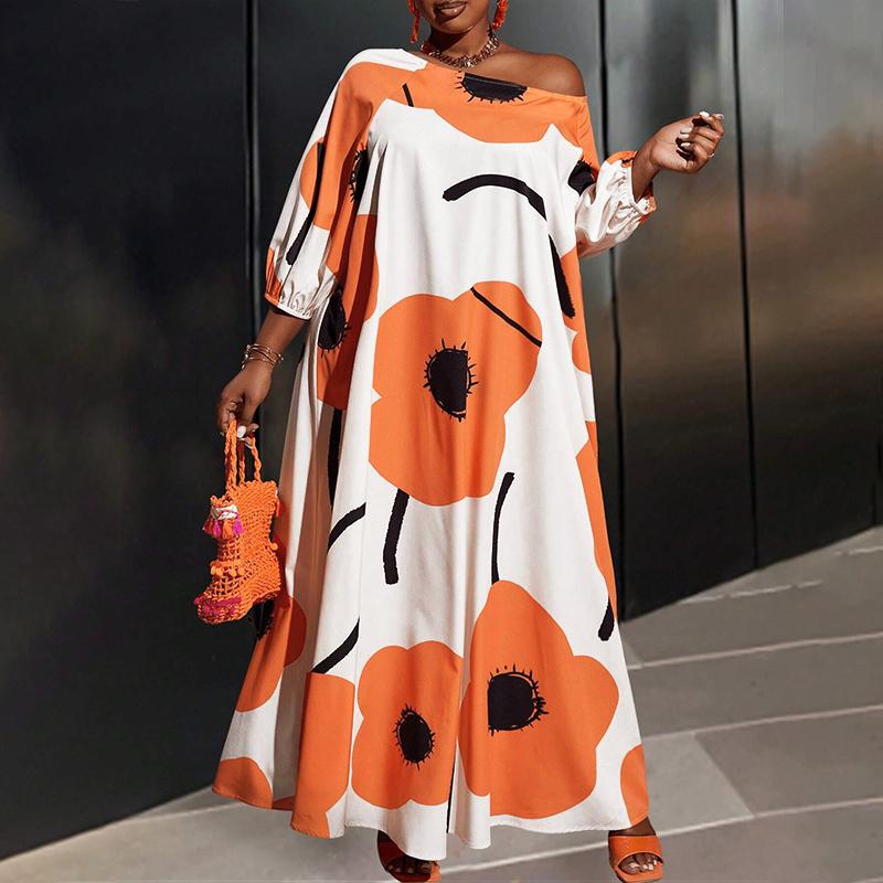Women Plus Size Off Shoulder Floral Print 3/4 Sleeve Dresses