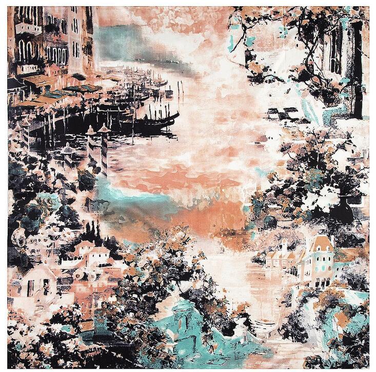 New Luxury Brand Silk Scarf Women Countryside House Oil Painting Print Hijab Scarves Female 130cm Square Shawl Scarves