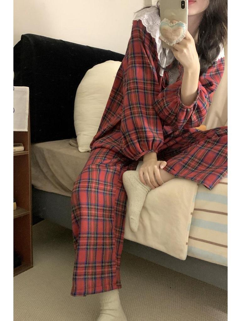 Women's Red Plaid Lace Trim Pajama Set - Long Sleeve & Pants