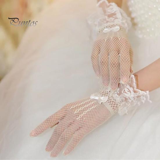 1 пара женских выпускных перчаток, прозрачные кружевные банты, стразы, декор, ажурная сетка, оборки, тонкие, с полным пальцем, для выступлений, невесты, свадебные перчатки