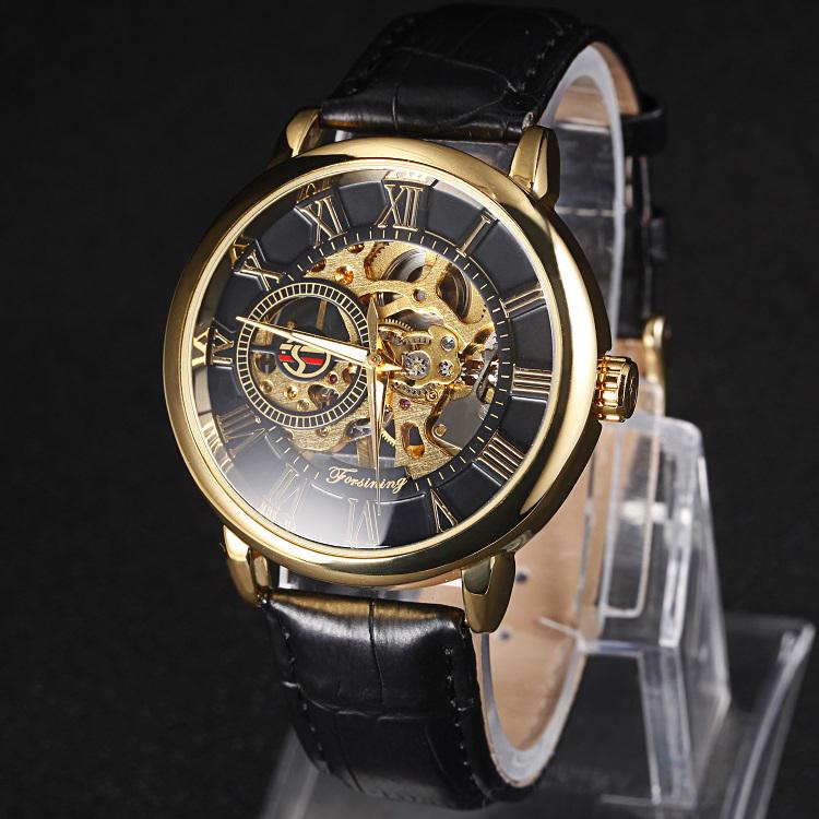 Forsining 3d Logo Design Hollow Engraving Black Gold Case Leather Skeleton Mechanical Watches Men Luxury Brand Heren Horloge