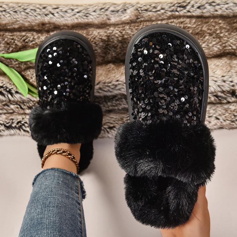 Autumn and winter women's thick-soled thickened plush snow boots sequined help popular large-size cotton slippers