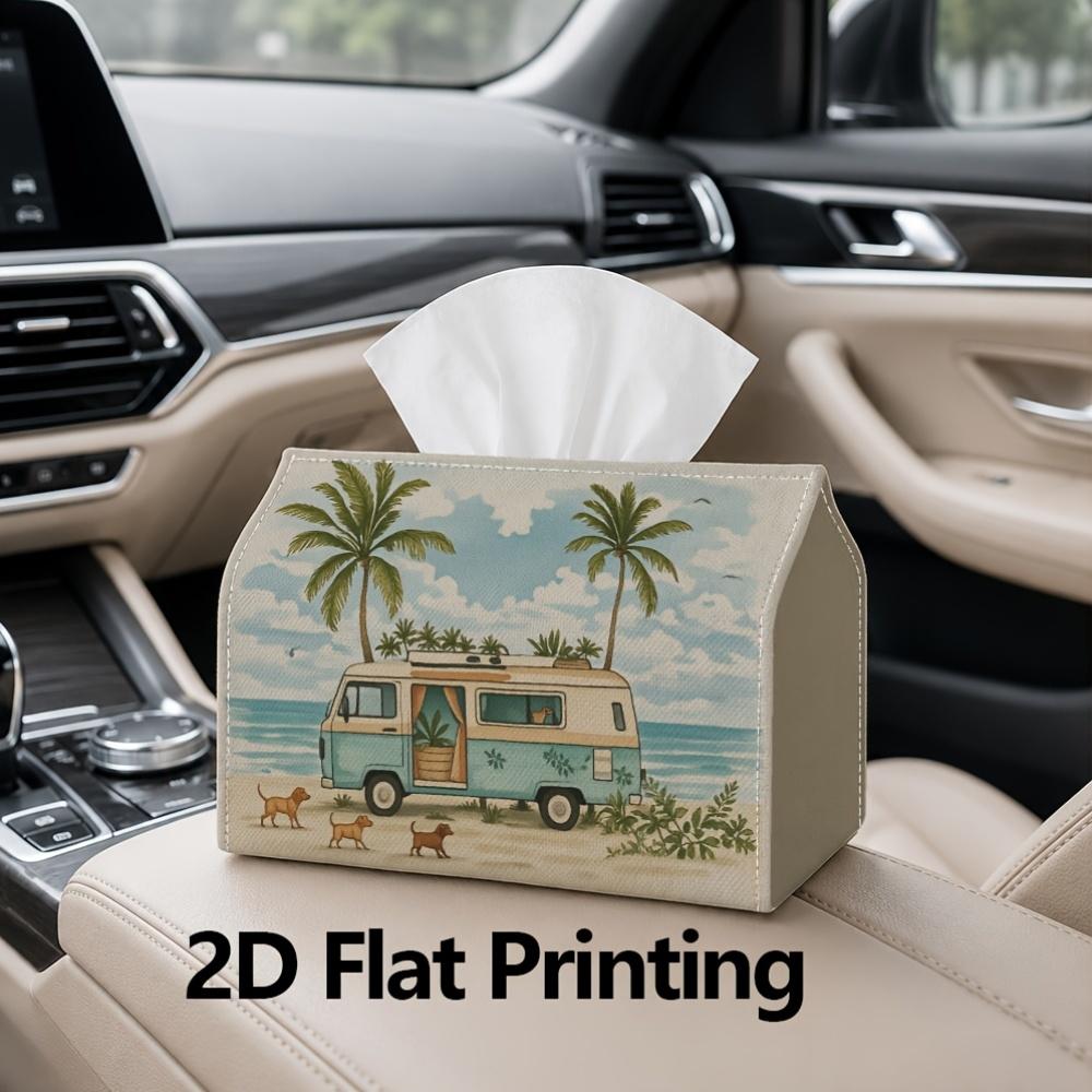1pc, 2D Flat Printing, Tissue Box Coastal Camping Van And Beach Dog Pattern Printed Tissue Box, Suitable for Home Gatherings, Car Decoration Tissue St