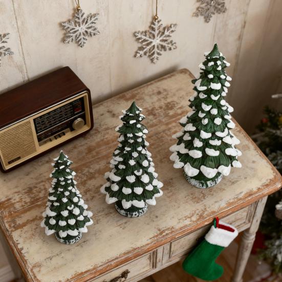 15/20/25CM Mini Christmas Tree Ornament Miniature Snow Xmas Tree Resin Statue Figurine Home Office Holiday Party Decoration