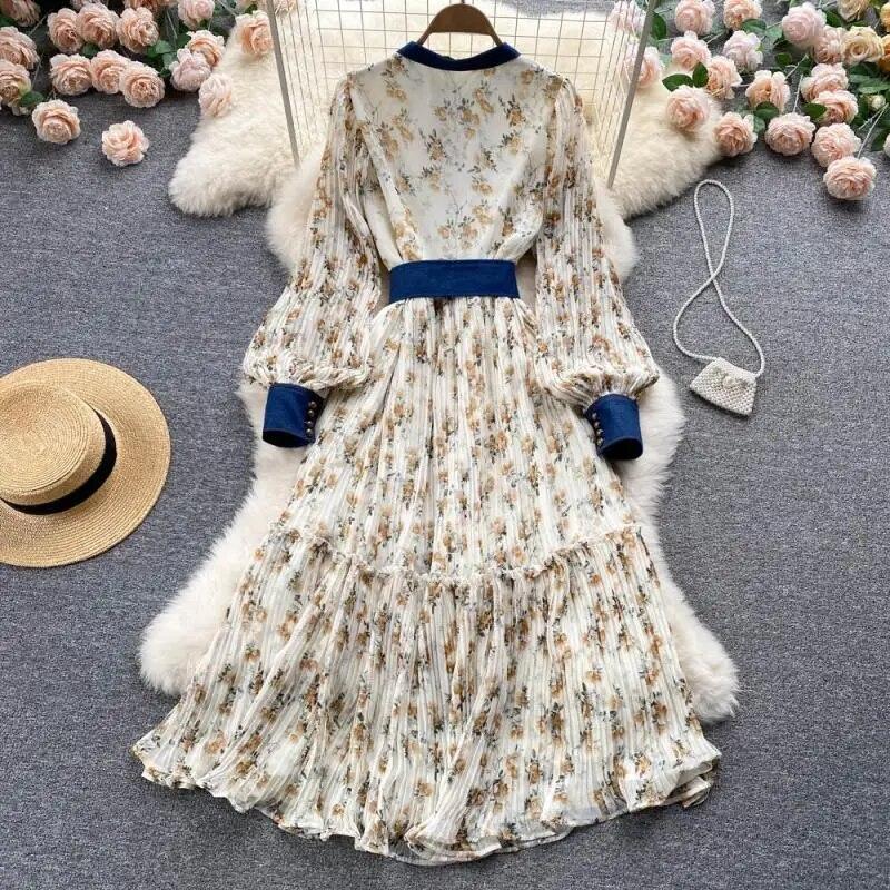 Autumn Lace Vintage Fairy Dress Women Patchwork Elegant Party Midi Dress Female Bow Korean Fashion One Piece Floral Dress 2024