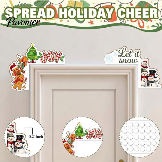 Christmas Indoor Wall Art Door Corner Topper, Wooden Sign with Santa Claus Snowman And Gingerbread Festive Man Prints, Easy Installation Plaque