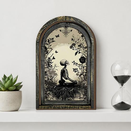 Dark Floral Halloween Art Arched Wooden Wall Decor, Ghost Cat Double-Layer Hanging Ornament, Distressed Gothic Medieval Window Style Decor Tabletop