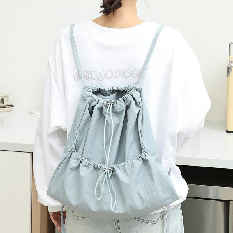 IELGY Japanese Casual Art Canvas Backpack, Fashionable Drawstring Pleated Schoolbag, Nylon Large-capacity Backpack, Khaki.