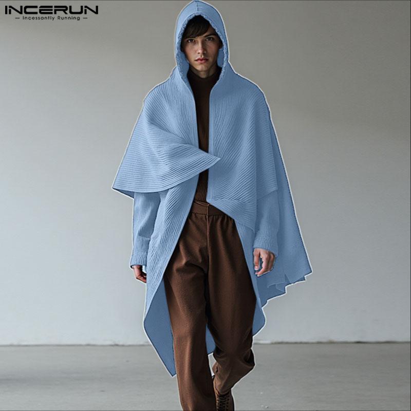 INCERUN Осень Зима Мужские Необычные Плащи с Капюшоном Топы Свободные Мешковатые Текстурные Накидки Пальто