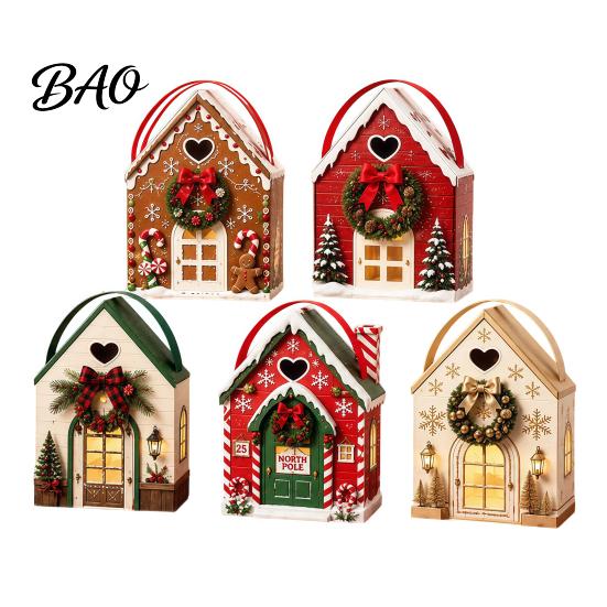 Holiday Treat Containers Christmas Wonderland Cottage Gift Box, House Shaped Paper Boxes, Exchange Packaging Snack Holder with Handle for Cookies