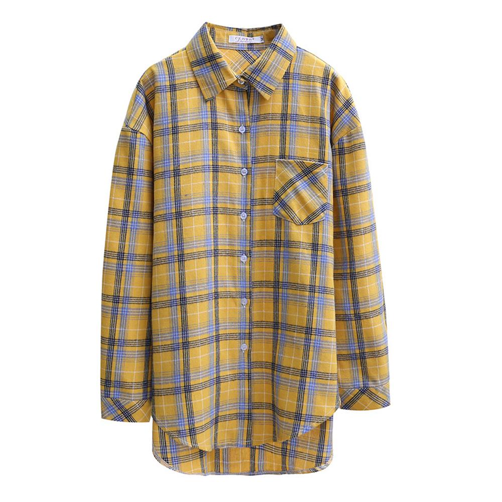 Lattice Print Blouse Women Long Sleeve Turn Down Collar Button T Shirts Tops