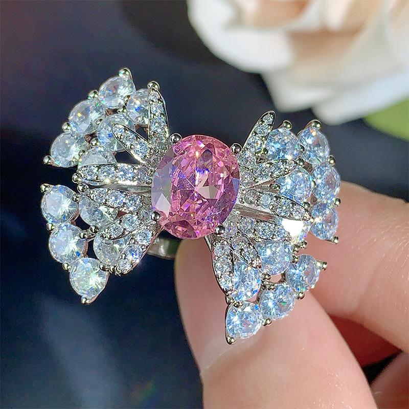 Комплект ожерелье серьги кольцо девичье сердце розовый бриллиант прозрачный сладкий свет роскошь универсальный премиум женские украшения