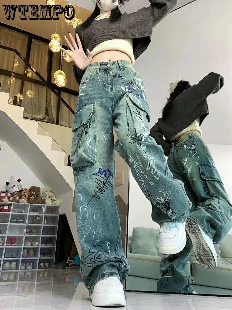 Painted Graffiti Letters Printed Washed Trendy New Wide-leg Jeans with Personality and Versatile Loose Casual Straight Pants