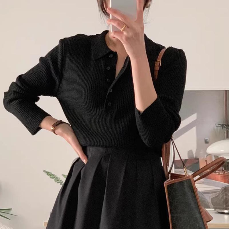 Южная Корея шикарная осень простая элегантная поло воротник полосатый универсальный утягивающий однотонный длинный рукав мягкий клеевой трикотаж