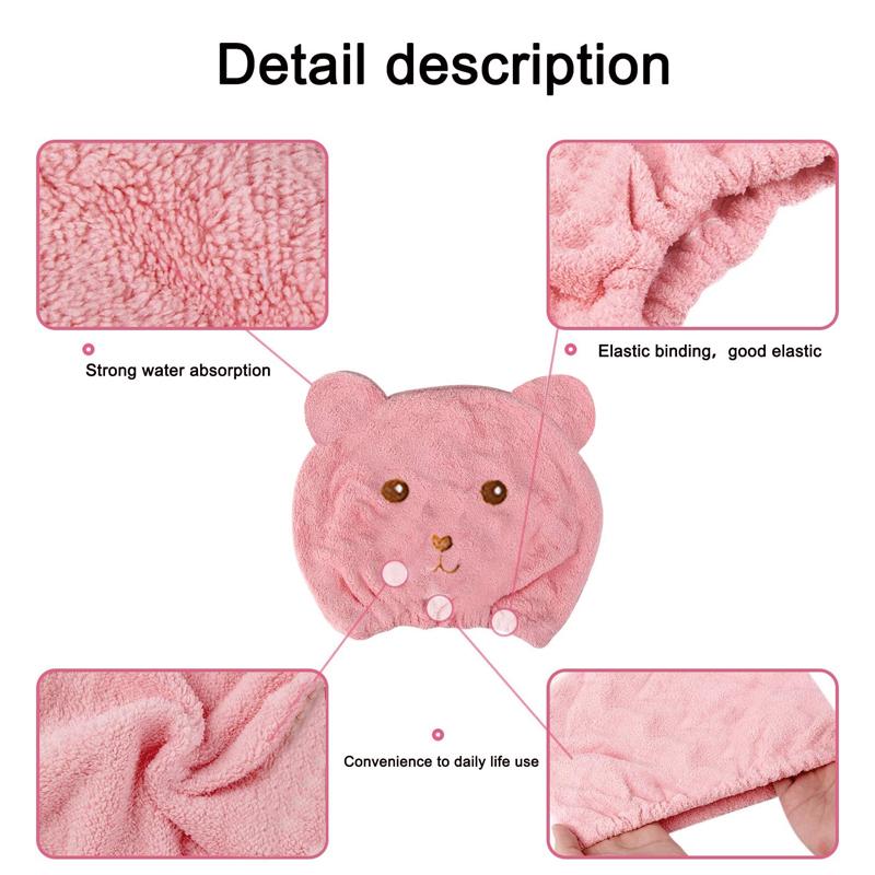 Quick-Drying Absorbent Hair Drying Cap for Women - Thick Microfiber,  Cute Bear Embroidery, Shower Head Towel