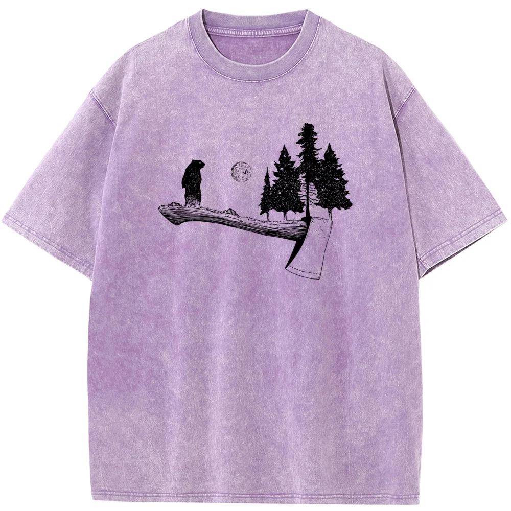 Little Bear Ax Protects The Forest Cotton O-Neck Washed T-Shirt Novelty Casual Loose Bleach T Shirt Summer Bleached Tshirt